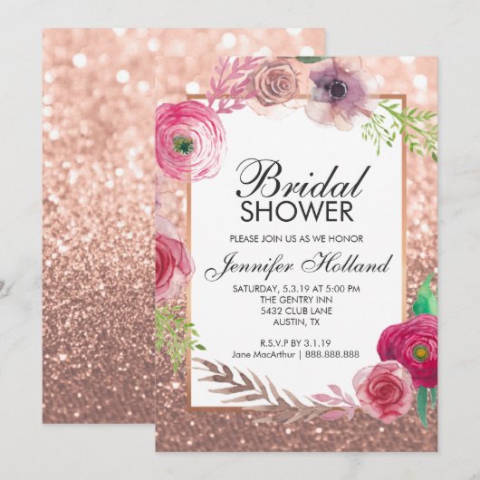 Flowers Vrijgezellenfeest nodigt roze RoseGold Gli Kaart (Voorkant / Achterkant)