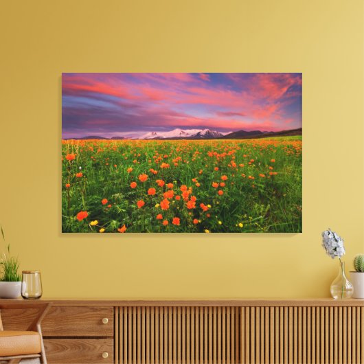 Flowers Wildflower Field Snowcapped Mountains Canvas Afdruk (Insitu (Woonkamer))