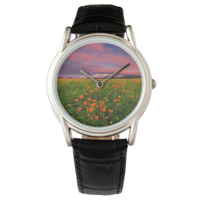 Flowers Wildflower Field Snowcapped Mountains Horloge (Voorkant)