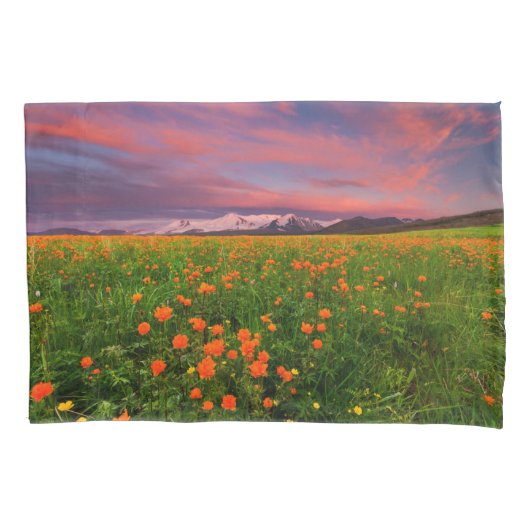 Flowers Wildflower Field Snowcapped Mountains Kussensloop (Voorkant)