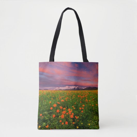 Flowers Wildflower Field Snowcapped Mountains Tote Bag (Voorkant)