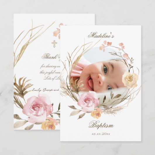 flowers wreath Baptism small thank you cards Kaart (Voorkant / Achterkant)