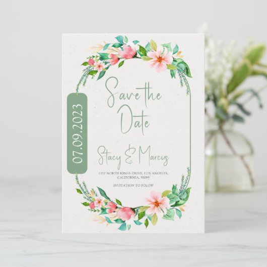 Flowers Wreath Lijst Opslaan De Datum Uitnodigen Kaart (Staand voorkant)