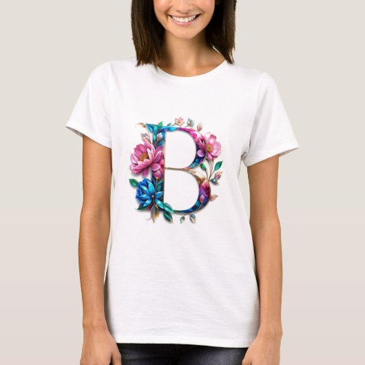Flowery B – Elegant Floral Initiaal T-shirt voor W (Voorkant)