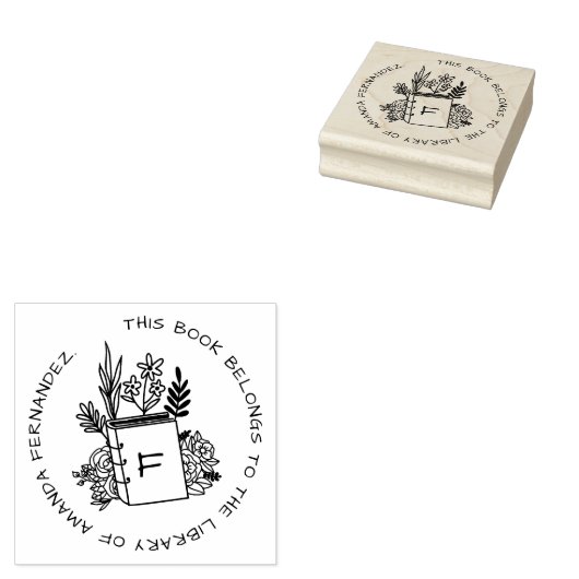 Flowery Book Custom Name Initiaal Library Rubberstempel (Gestempeld)