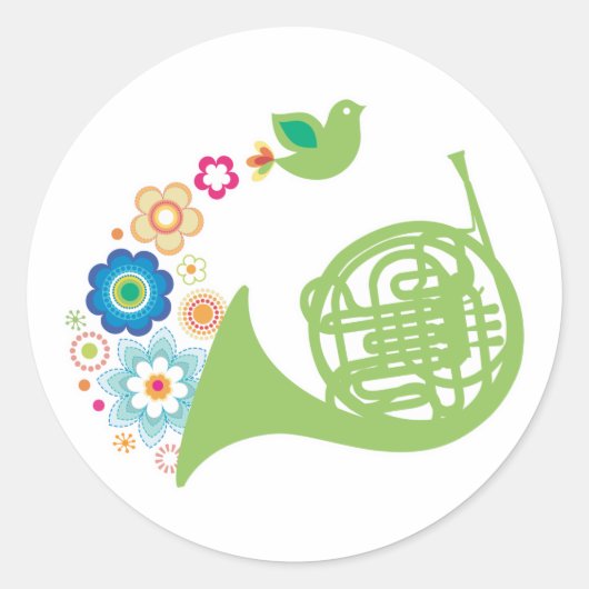 Flowery French Horn Music Gift Ronde Sticker (Voorkant)