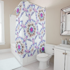 Flowery in plaster text, soft shadow on white douchegordijn