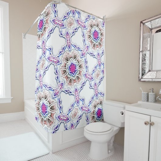 Flowery in plaster text, soft shadow on white douchegordijn (In situ)