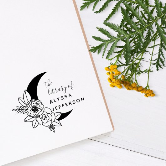 Flowery Moon Elegant Custom Name Library Book Rubberstempel
