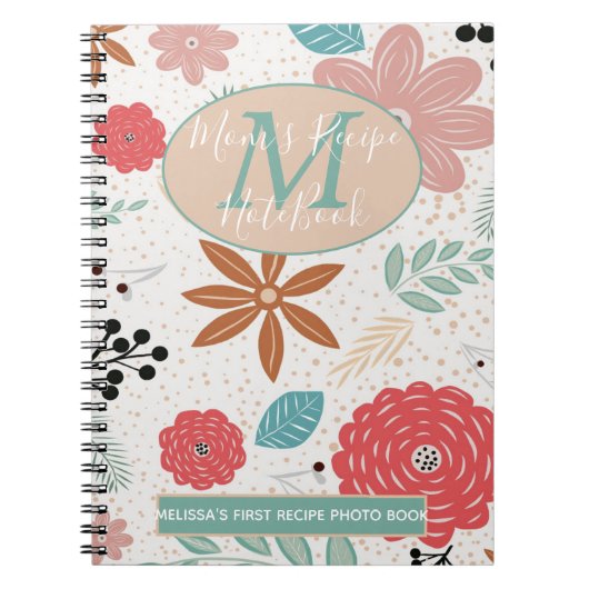 Flowery Pink Blue Brown Monogram Mam 1st Recipe Notitieboek (Voorkant)