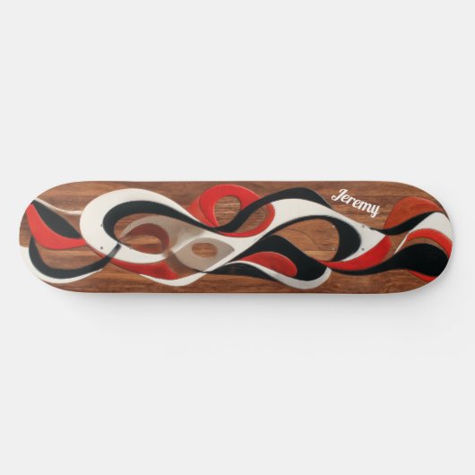 Flowing abstract black, red, white on walnut persoonlijk skateboard (Horizontaal)
