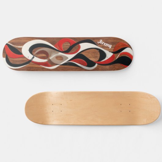 Flowing abstract black, red, white on walnut persoonlijk skateboard (Horizontaal)