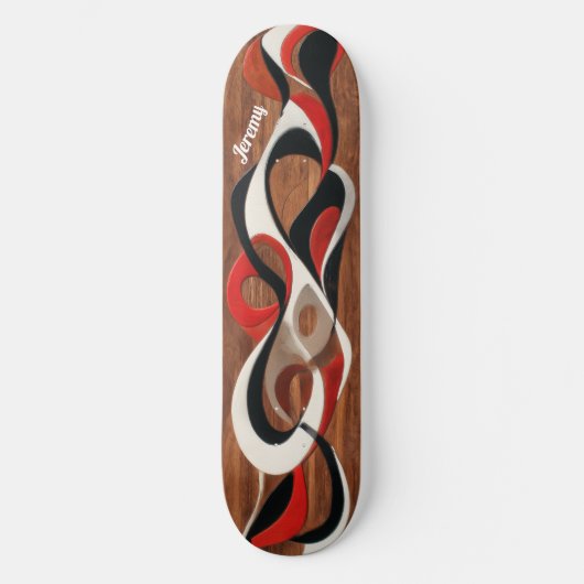Flowing abstract black, red, white on walnut persoonlijk skateboard (Voorkant)