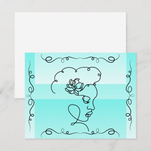 Flowing Beauty: Aqua Line Art Blank Kaart (Voorkant / Achterkant)