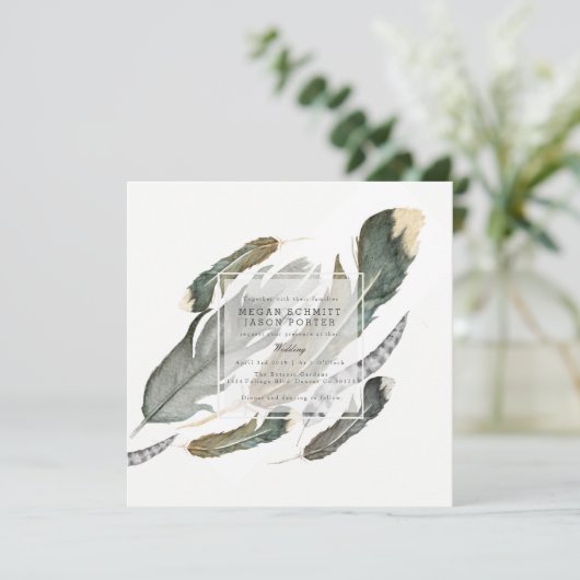 Flowing Feathers Waterverf | Bruiloft Kaart (Staand voorkant)