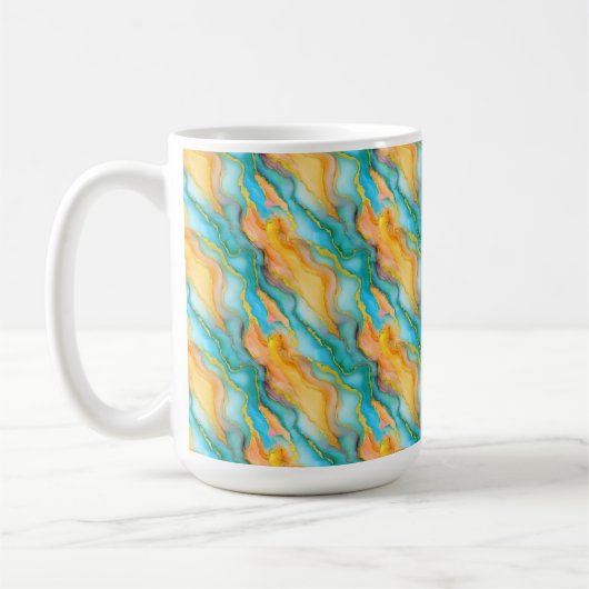Flowing  Marble Effect  in Teal, Orange and Gold Koffiemok (Links)