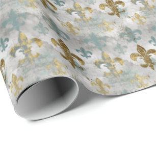 Fluer de Lis   Soft Blue en Gold Cadeaupapier