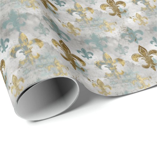 Fluer de Lis | Soft Blue en Gold Cadeaupapier (Rol Hoek)