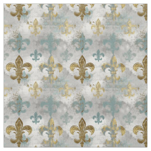 Fluer de Lis   Soft Blue en Gold Stof