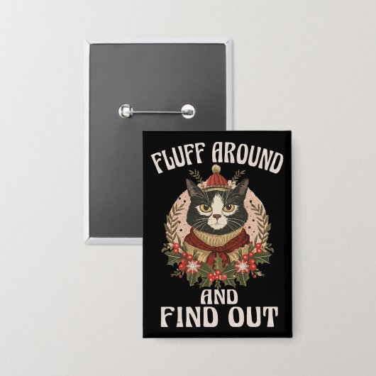 Fluff rond en ontdek de winterkat woordspeling button (Voorkant / Achterkant)