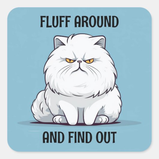 Fluff rond en Ontdek Grumpy White Cat Vierkante Sticker (Voorkant)