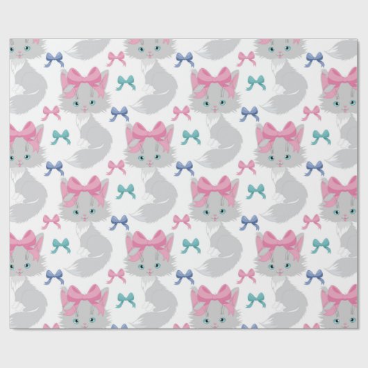 Fluffe kerstkat met roze boog cadeaupapier (Vlak)