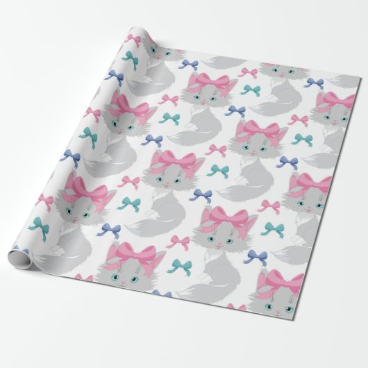 Fluffe kerstkat met roze boog cadeaupapier (Uitgerold)