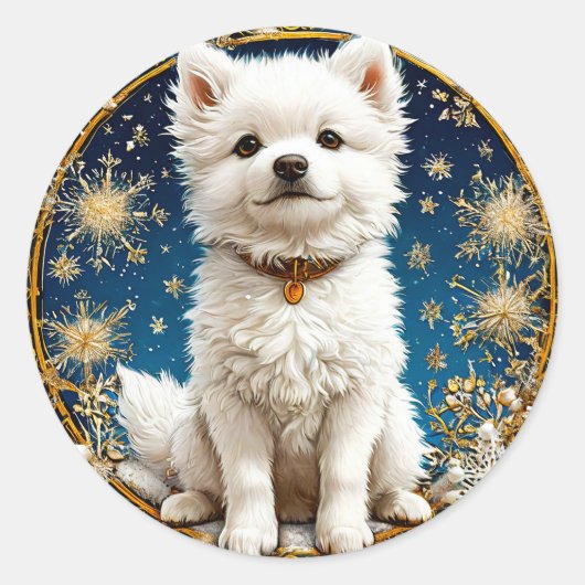 fluffige witte hond ronde sticker (Voorkant)