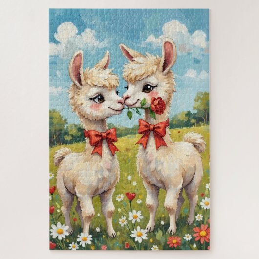 Fluffy Alpaca Koppel Met Rode Strikken Kunst Legpuzzel (Verticaal)