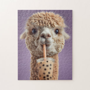 Fluffy Alpaca Portret Drinkt Boba Bubble Tea Legpuzzel