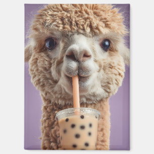 Fluffy Alpaca Portret Drinkt Boba Bubble Tea Magneet