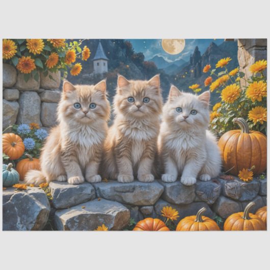 Fluffy Autumn Kittens Pompoenen en Foliage Tissuepapier (Voorkant)