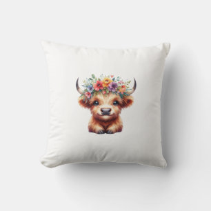 Fluffy Baby Highland Koe met Bloemenkroon – Schatt Kussen