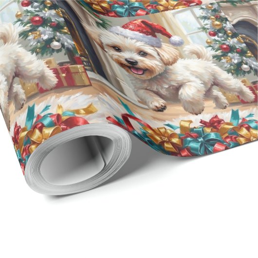 Fluffy Bichon Frise Dog Joyful Christmas Cadeaupapier (Rol Hoek)