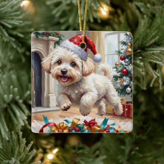 Fluffy Bichon Frise Dog Joyful Christmas Keramisch Ornament (Boom)
