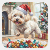 Fluffy Bichon Frise Dog Joyful Christmas Vierkante Sticker (Voorkant)