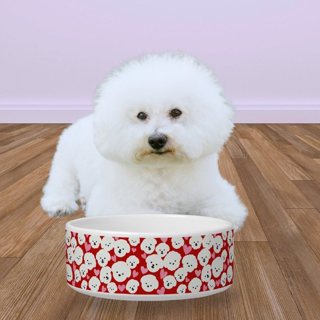 Fluffy Bichon Gezichten en Harten Pet Bowl Voerbakje (Creator heeft geüpload)