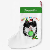 Fluffy Black And White Cat Santa Hat Christmas Kleine Kerstsok (Achterkant)