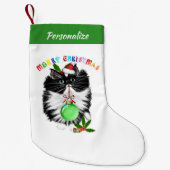 Fluffy Black And White Cat Santa Hat Christmas Kleine Kerstsok (Voorkant)