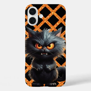 FLUFFY BLACK ANGRY HALLOWEEN CAT iPhone 16 PLUS HOESJE