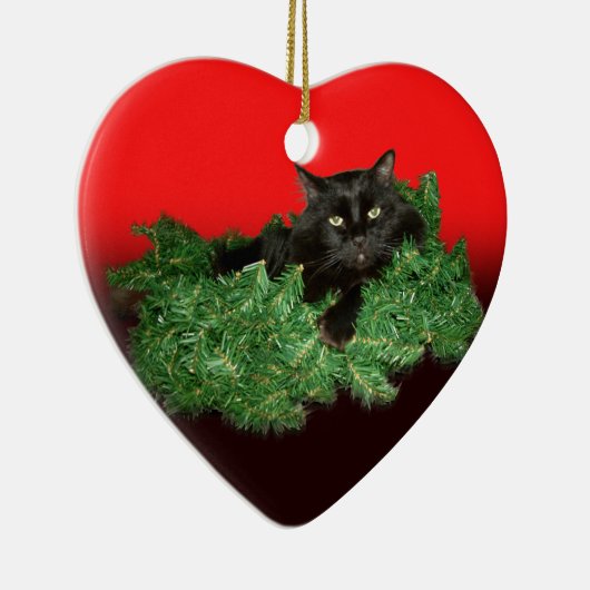 Fluffy Black Cat in kerstmis Keramisch Ornament (Rechts)