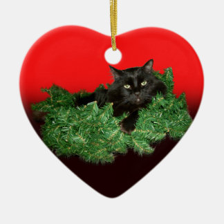 Fluffy Black Cat in kerstmis Keramisch Ornament
