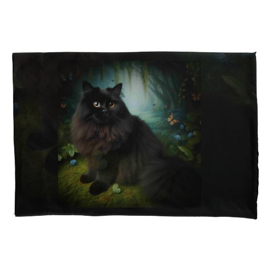 Fluffy Black Cat in Misty Bossen Kussensloop (Voorkant)