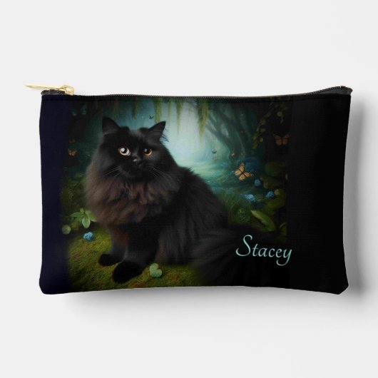 Fluffy Black Cat in Misty Bossen Naam Voorkant Etui (Voorkant)