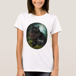 Fluffy Black Cat in Misty Bossen Naam Voorkant T-shirt