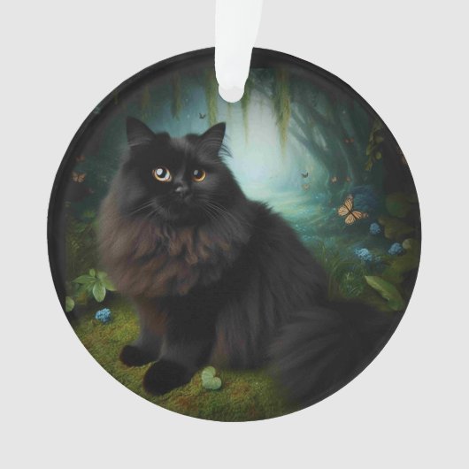Fluffy Black Cat in Misty Bossen Ornament (voorkant)