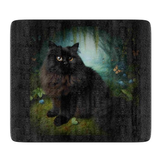 Fluffy Black Cat in Misty Bossen Snijplank (Voorkant)