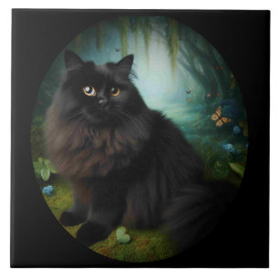 Fluffy Black Cat in Misty Bossen Tegeltje