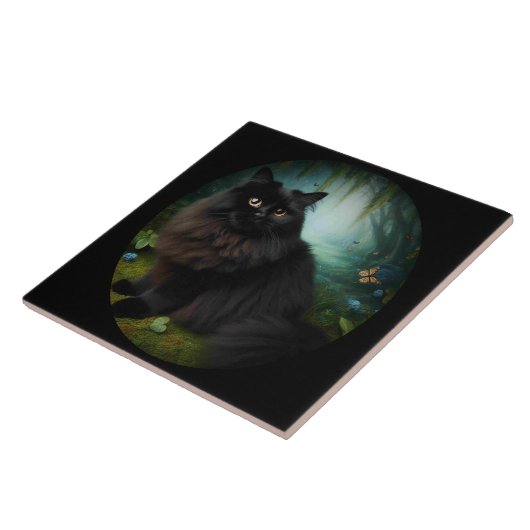 Fluffy Black Cat in Misty Bossen Tegeltje (Zijkant)