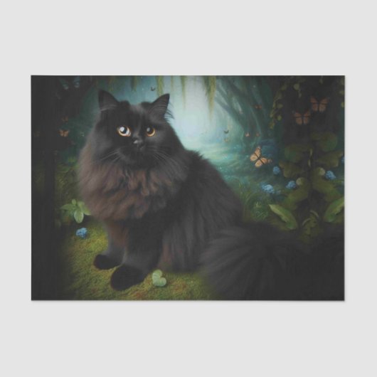 Fluffy Black Cat in Misty Bossen Tissuepapier (Voorkant)